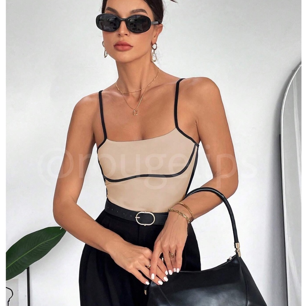 Tan Nude Beige Cami Top Black Binding Piping Trim